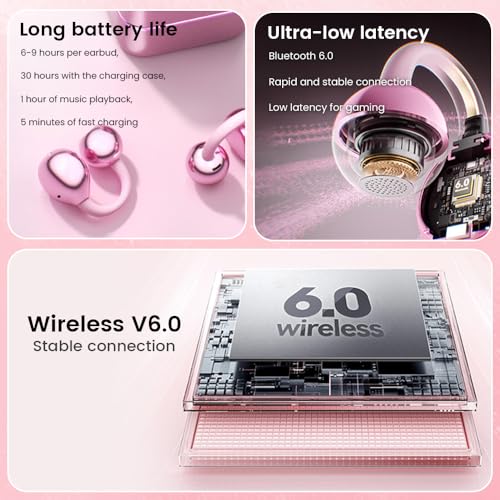 Clip On Ear Headphones with a Makeup Mirror, Open Ear Earbuds Wireless Bluetooth Earbuds,Ultra-Long Battery Life, for Android/iOS Phones (Rose Gold) - color: Rose gold