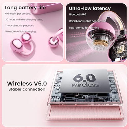Clip On Ear Headphones with a Makeup Mirror, Open Ear Earbuds Wireless Bluetooth Earbuds,Ultra-Long Battery Life, for Android/iOS Phones (Rose Gold) - color: Rose gold