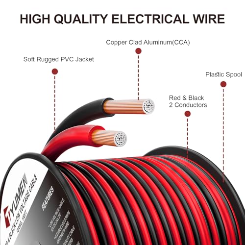 TYUMEN 12 Gauge Red Black Wire 50FT, 12/2 AWG Electrical Wire 12V/24V DC Cable, 12AWG 2 Conductor Flexible Copper Claded Aluminum Extension Cord for LED Ribbon Lamp Tape Lighting, in-Home, Autos Use - size: 50 Feet, style: 12/2 Gauge