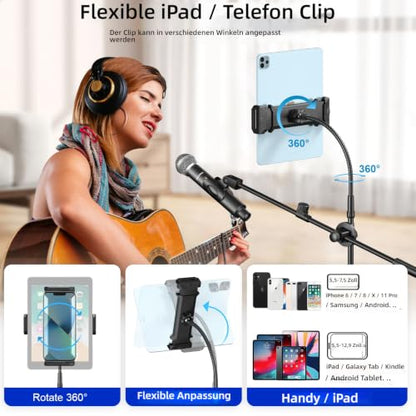Mic Stand, 6-in-1 Microphone Stand with Floor Boom, Support Boom, Gooseneck, Mic Clips, Tablet Phone Holder, Black, Metal, Portable, Adjustable - size: Large