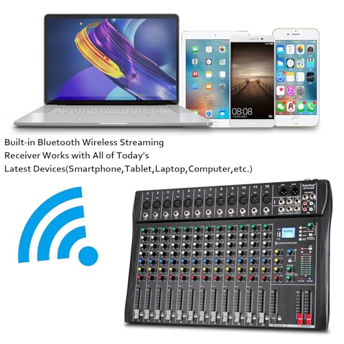 Depusheng DT12 Studio Audio Mixer 12-Channel DJ Sound Controller Interface w/USB Drive for Computer Recording Input, XLR Microphone Jack, 48V Power, RCA Input/Output for Professional and Beginners
