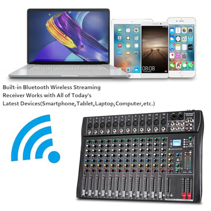 Depusheng DT12 Studio Audio Mixer 12-Channel DJ Sound Controller Interface w/USB Drive for Computer Recording Input, XLR Microphone Jack, 48V Power, RCA Input/Output for Professional and Beginners