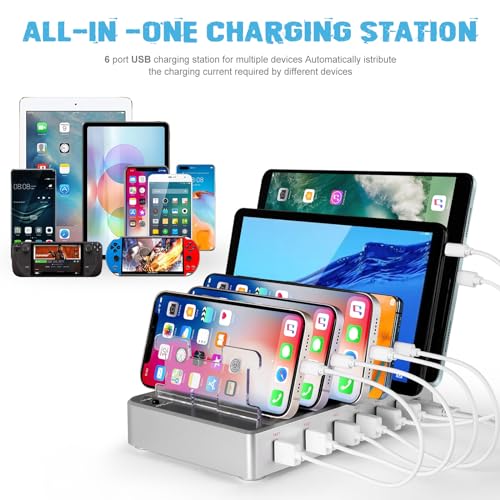 Charging Station for Multiple Devices, 6 Ports Multi Devices USB Charger Fast Cell Phone Charging Station for iPhone iPad Tablet (Silver, 6 Mixed Cables Included)