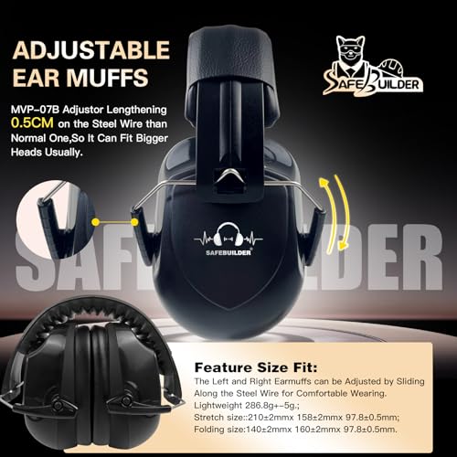 SAFEBUILDER Ear Muffs Noise Reduction SNR 33dB Adjustable Lightweight Safety Earmuffs Sound Proof Noise Cancelling ANSI - color: 1-black