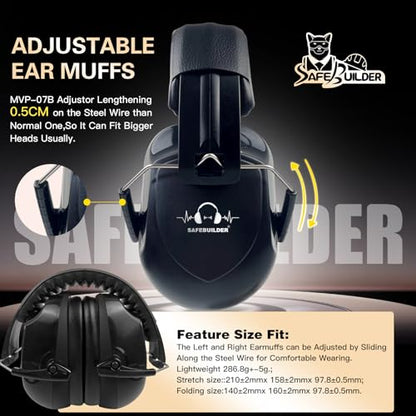SAFEBUILDER Ear Muffs Noise Reduction SNR 33dB Adjustable Lightweight Safety Earmuffs Sound Proof Noise Cancelling ANSI - color: 1-black
