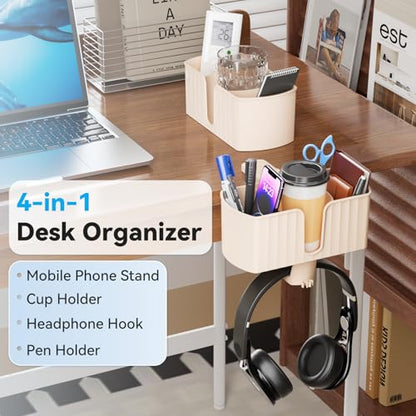 4 in 1 Desk Cup Holder with Storage Tray and Headphone Hanger | Clamp on design, rotating headphone hanger, detachable storage tray, cable holes, fits 5-50mm desks