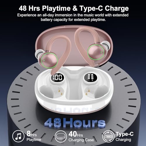 Wireless Earbuds, Bluetooth 5.4 Headphones Sport Over Ear Buds With ENC Mic | ENC Noise Cancelling Mic,48H, Wireless Earphone With Earhooks, Stereo Deep Bass, IP7 Waterproof for Workout Running,Rose Gold - color: Rose Gold
