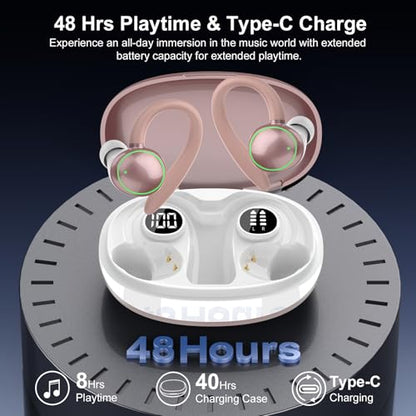 Wireless Earbuds, Bluetooth 5.4 Headphones Sport Over Ear Buds With ENC Mic | ENC Noise Cancelling Mic,48H, Wireless Earphone With Earhooks, Stereo Deep Bass, IP7 Waterproof for Workout Running,Rose Gold - color: Rose Gold