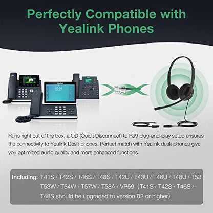 Yealink Phone Headsets for Office Phones YHS34 Lite QD to RJ9 Wired Headset Compatible with Poly Snom Grandstream Phones Desk Landline Headset with Microphone -Dual/111g/2.1m Cable - color: Foamy Ear Cushions, size: Dual