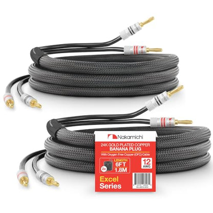 Nakamichi 24k Gold Plated Banana Plugs Speaker Cables 99.9% OFC (6 Feet) | Oxygen-Free Copper, Excel Series, Amplifier Heavy Duty Braided In-Wall CL2 Rated Wires - Black (12AWG / 6ft / 1.8m) 2-Pack - color: Black, size: 12 AWG (6-Feet)