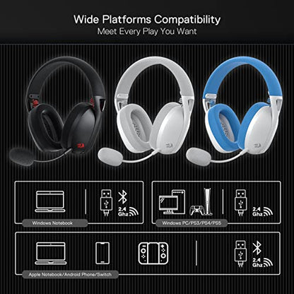 Redragon H848 BT Wireless Gaming Headset - Lightweight - 7.1 Surround Sound - 40MM Drivers - Detachable Microphone - Multi Platforms for PC, PS5/4/3, Switch, Mobile - color: Grey