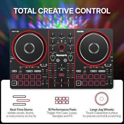 Numark Party Mix III Bluetooth DJ Controller with Built-in Lights | Beat Assist, Smart Fader, 16 Pads, 2 Deck DJ Mixer, Stems Control, USB-C, Serato DJ Lite and Algoriddim djay Included - style: PARTYMIX III