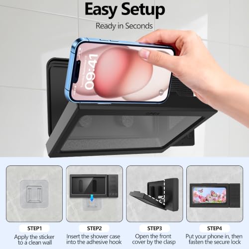 Shower Phone Holder with Wireless Bluetooth Speaker,- 480°Rotatable Retractable Adjustable Shower iPhone Case, Bathroom Wall Phone Stand Water Proof Anti Fog,Accessories for 4-7"Cellphones (Black)
