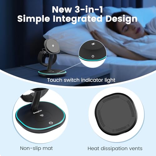 3-in-1 Charging Station, 2X Faster 15W Wireless Charging Station for iPhone 16/15/14/13/12, for Apple Watch, AirPods, Magnetic Wireless Charger with Sleep Friendly Light (Black)