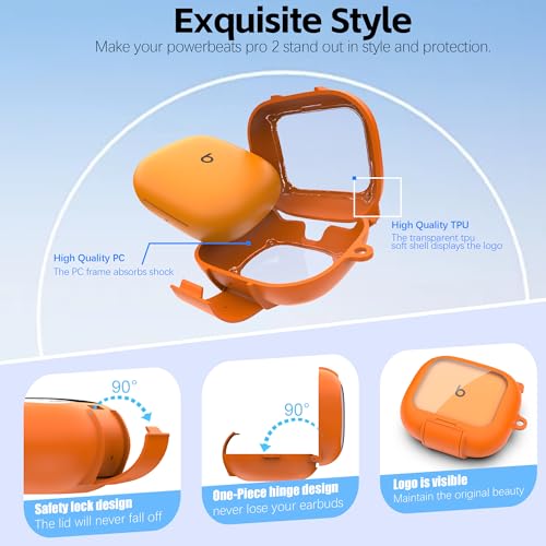 Secure Lock Case for Powerbeats Pro 2 with Phone Stand, LAKSDIURT Shockpoof Protection Cover Compatible with Beats Powerbeats Pro 2 Earbuds Clear Power Pro2 Case with Cleaner Kit & Keychain (Orange) - color: Orange