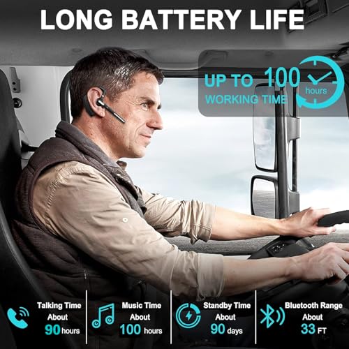 Bluetooth Earpiece Wireless with Mic Mute 100 Hours Work time Black | Ultralight Business Earphone for Driving/Trucker/Office Compatible with Cell Phones and PC