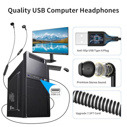 APETOO USB Earbuds Computer Headphones with 2 EQs -Bass Boost & Clear Vocal | Wired Earphones Mic & Volume Control, Mute Button, HiFi Stereo, 7.5ft Long Cord USB-A Ear Buds for Dell HP Surface PC Office