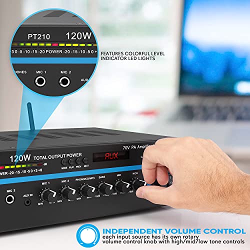 Pyle Home Compact Public Address Mono Amplifier - Professional 120 Watt Home Power Audio Sound PA Speaker Receiver System w/ RCA, Headphone, 2 Microphone Inputs, Independent Volume Control - PT210 - style: Home Compact Mono Amplifier