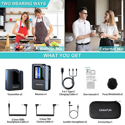 KIMAFUN Dual Wireless Lavalier Microphone for Camera, 2 Pack Lapel Mic for Interview Live Stream KM-G50-2 - size: 3.5MM-2Tx1Rx