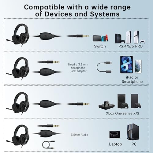 AOC Wired Gaming Headset for PS5, Xbox, PC, HD Mic, Stereo Bass, 79in Cable | 207g Ultra-Lightweight Gaming Headphones with 3.5mm Splitter, Gamer Gifts - color: Jet Black
