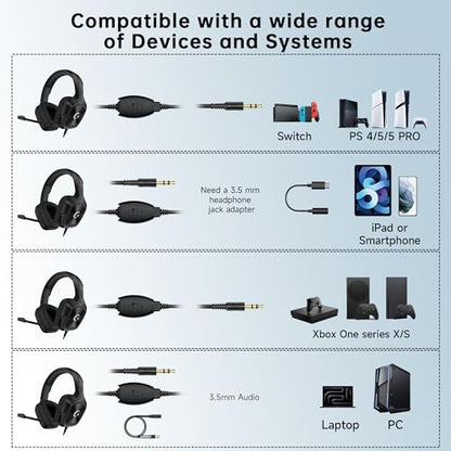AOC Wired Gaming Headset for PS5, Xbox, PC, HD Mic, Stereo Bass, 79in Cable | 207g Ultra-Lightweight Gaming Headphones with 3.5mm Splitter, Gamer Gifts - color: Jet Black