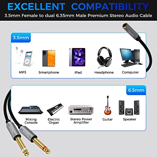 3.5mm to Dual 6.35mm Y-Adapter Splitter 0.6 Feet,3.5mm 1/8 Inch TRS Stereo Female to 2 X 6.35mm 1/4 Inch TS Mono Male Y Splitter Audio Cord Converter Connector for Phone, PC, Computer Sound Card,Mixer - size: 1 Pack, style: 3.5(female) to dual 6.35(male)