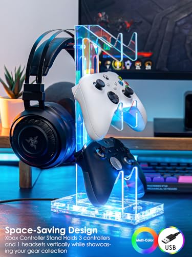 OAPRIRE Headset and Controller Stand with Lights, 3 Tier Acrylic Game Controller Holder, Controller and Headset Stand for Desktop,Universal Design Compatible with PS5/PS4/XBOX/SWITCH (Clear) - color: Clear, size: 3 Tier-Lights