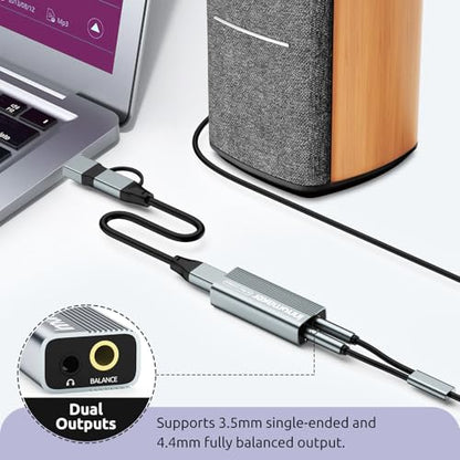 Portable USB HiFi Sound Card/Headphone Amplifier/Desktop USB HiFi Amps with 4.4mm/3.5mm Dual Outputs Supports PCM 384kHz/DSD256 High Resolution Lossless for Android/Linux/Windows Devices
