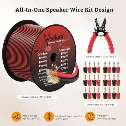 16AWG Speaker Wire 300 FT, 16/2 Gauge Audio Speaker Wire Kits with Cable Cutter Banana Plugs Tool, Polarity Marker, 2 Conductors Zipper Wire for Car Speakers Stereo, Home Theater, Surround Sound,CCA - size: 300 FT, style: 16 AWG