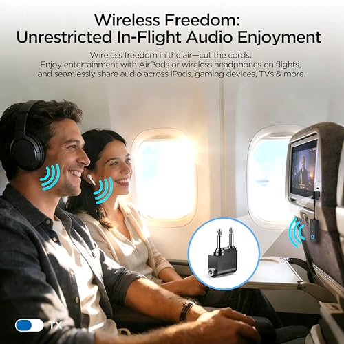 2026 Bluetooth 6.0 Transmitter Receiver, 2-in-1 Airplane Travel Adapter for 2 AirPods/Headphones, 3.5mm AUX for Flight/TV/Car, Compatible with Apple AirPods 1/2/3/4 & Pro 1/2/3