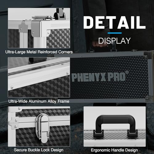 Phenyx Pro Carrying Case with Customizable Pre-Diced Foam Foam PCSE-L | Aluminum Alloy Sturdy Build, 2-layer Form, Protective Gear Storage, Wireless Mic Systems, Camera Gear, Equipment Transport - size: Large (20.3×10×5.9 Inch)