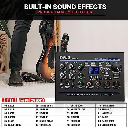 Pyle USB Audio Interface - MIC/LINE - Guitar - AUX Stereo & RCA Inputs - Preset 24 Digital Effects - Phantom Power - Phone/Stereo/Monitor/Headphone Outputs - For Computer Playing & Recording - PMUX9 - style: Interface Digital