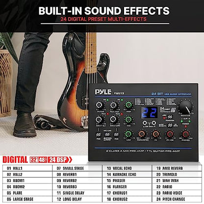 Pyle USB Audio Interface - MIC/LINE - Guitar - AUX Stereo & RCA Inputs - Preset 24 Digital Effects - Phantom Power - Phone/Stereo/Monitor/Headphone Outputs - For Computer Playing & Recording - PMUX9 - style: Interface Digital