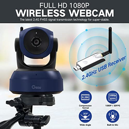 Gsou Wireless Webcam,1080P HD Video Calling and Streaming Camera,Plug and Play,Adjustable Field of Angle Computer Camera for PC/Mac/Laptop/MacBook,Works with Zoom,Meets,Skype,Teams(with Tripod Stand) - color: Wireless Camera