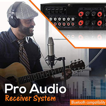 1500 Watt Bluetooth Home Stereo Amplifier, Digital Hybrid Multi Channel | Preamp, Tuner with USB and SD Inputs, 2 Mic Inputs, AM/FM digital tuner, Wireless Remote, Bass & Treble Controls