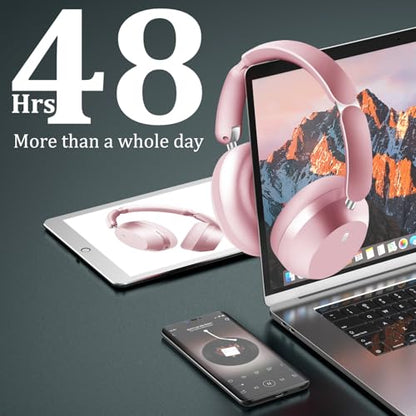 Wentronic Y04 Bluetooth 5.3 Wireless Over-Ear Headphones with Active Noise Cancelling & Hi-Res Sound, 48H Playtime, Soft Comfort Earcups – Travel, Office & Home – iOS, Android & PC – Pink - color: Pink