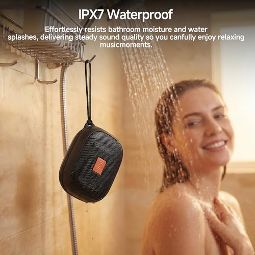 FunHub Waterproof Bluetooth Shower Speaker, Small & Light with Anti-Slip Sides, 3 Play Modes, FM Radio, Bluetooth 5.3 Immersive Stereo Sound (TWS), for Bathroom, Pool, Beach & Outdoor Party – Black - color: Black
