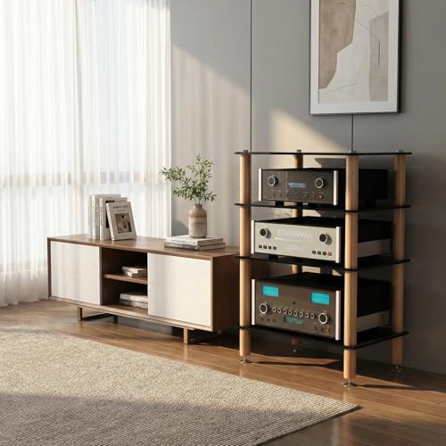 Audio Component Rack, Stereo Rack with 8mm Tempered Glass Shelves, Solid Wood Columns & Anti-Vibration Metal Feet for Power Amplifier, Stereo Receiver, Turntable & AV Equipment(Black,3 Tier) - color: Black, size: 3 Tier