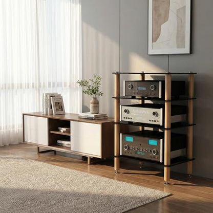 Audio Component Rack, Stereo Rack with 8mm Tempered Glass Shelves, Solid Wood Columns & Anti-Vibration Metal Feet for Power Amplifier, Stereo Receiver, Turntable & AV Equipment(Black,3 Tier) - color: Black, size: 3 Tier
