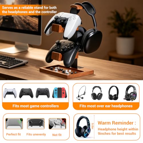 Solid Wood Dual Controller Holder & Headphone Stand | Gaming Equipment Desk Organizer, Game Controller Holder Headset Rack, Gift for Gamers Husband Boyfriend