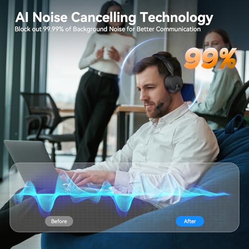 LEVN Bluetooth Headset with Microphone, 60 Hrs Working Time Dual Connection Bluetooth Headphones with Mic, Wireless Headset with Mic for Work/Video Meetings/Phone/Call Center/PC/Music/Zoom/Teams