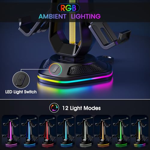 Gaming Headphones Stand with 12 Light Modes - Controller Holder for Desk, RGB Gaming Headset Stand with 2 USB Charging Ports - Supports Data Transfer, Earphone Hanger Accessories for Desktop Gamer