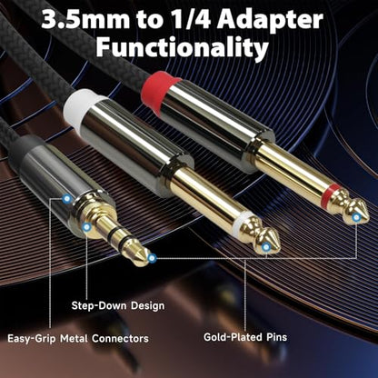 3.5mm to Dual 1/4 Cable, 1/8 TRS to Dual 1/4 TS Stereo, 3.3ft | Audio Cord, Gold-Plated Braided Adapter Cable, 3.5mm Stereo Cables for Mixer, Studio Monitor, Amplifier, Speaker, Sound Card - size: 3.3ft