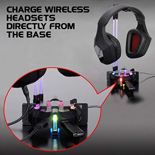 ENHANCE Gaming Headphone Stand Headset Holder with 4 Port USB Hub, Customizable LED Lighting, Flexible Acrylic Neck - Universal Hanger with Weighted Base for Wired or Wireless Headsets - PS4, Xbox, PC