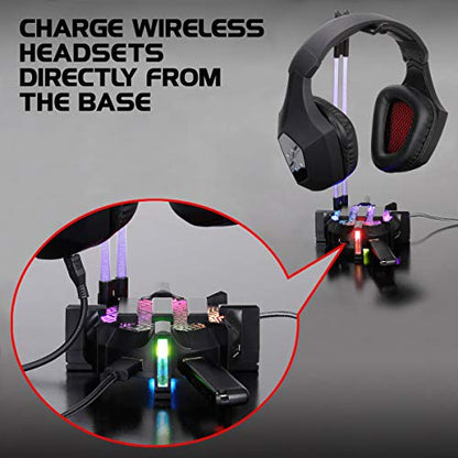 ENHANCE Gaming Headphone Stand Headset Holder with 4 Port USB Hub, Customizable LED Lighting, Flexible Acrylic Neck - Universal Hanger with Weighted Base for Wired or Wireless Headsets - PS4, Xbox, PC