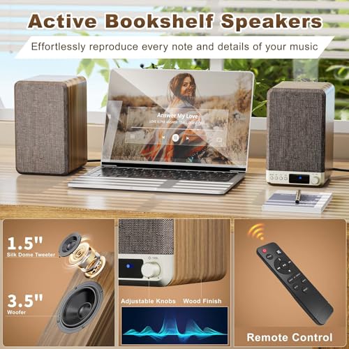 Powered Bookshelf Speakers for Turntable Vinyl Record Player | 30W*2, 3.5 Inch Woofer, AUX/RCA/BT Wired & Wireless Input, Compact Desktop HiFi Stereo Sound Active Speakers for Computer PC - size: 3.5 Inch Woofer