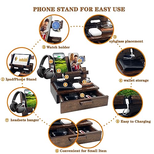 VEIYAILU Gifts for Men Women Husband Son Boyfriend Him Nightstand Organizer Wood Phone Docking Station Birthday Gifts (Walnut) - color: Walnut