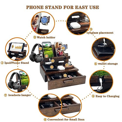 VEIYAILU Gifts for Men Women Husband Son Boyfriend Him Nightstand Organizer Wood Phone Docking Station Birthday Gifts (Walnut) - color: Walnut