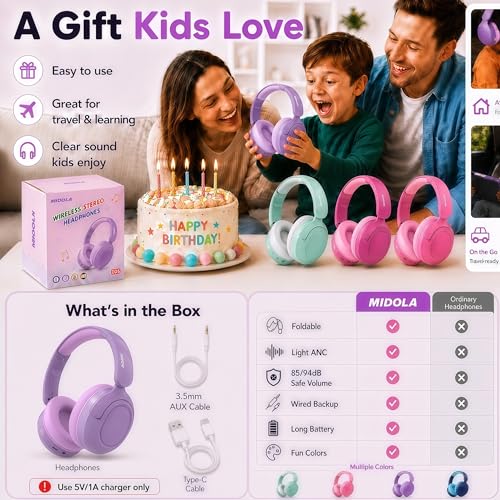 MIDOLA Kids Bluetooth Headphones Wireless,ANC,68H,Safe Volume Limit 85/94dB | Active Noise Cancelling,Adjustable Headband Foldable Over-Ear for Toddler Girls Boys Tablet/iPad,HD Stereo,Built Mic,Purple - color: Lavender Purple