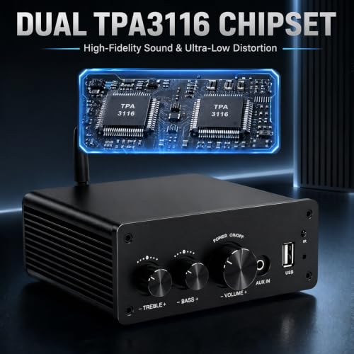LONPOO 200W Mini Bluetooth Audio Amplifier Class D for Bookshelf Speaker | 2.0 Channel Integrated Amp, Optical Coaxial USB AUX Input, HiFi, 200W RMS (LP-615B) - color: 615-all Black
